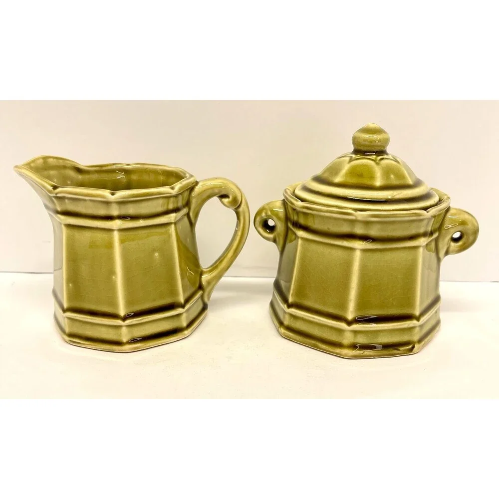 Vintage Stone Craft Royal Sealy Japan Green Tea Set 4 Pc Hexagonal-Olive Green